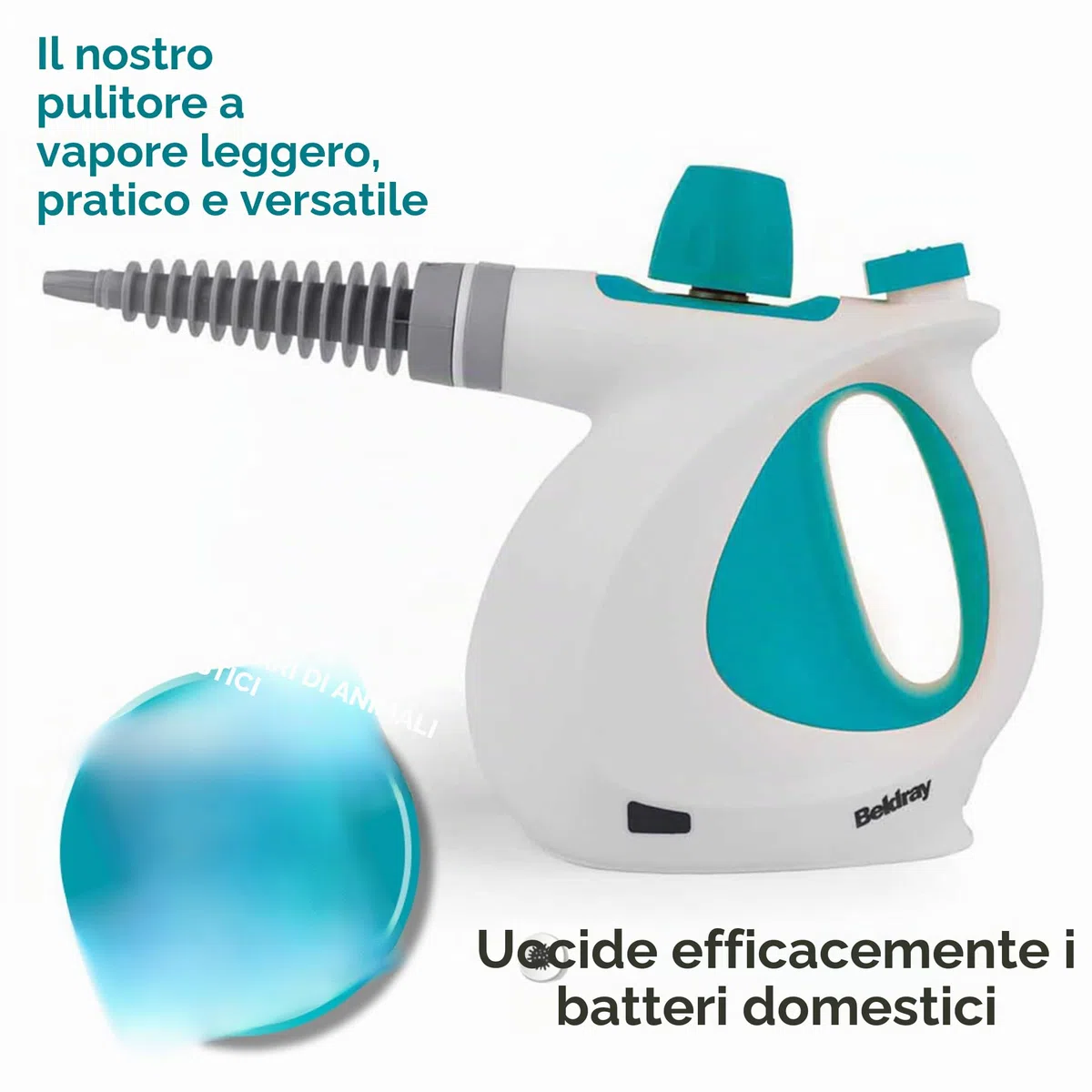 Beldray BEL0701TQN Detergente a vapore portatile 10-in-1, perfetto per tappezzeria, Piastrelle per bagno, specchi e finestre, scopa a vapore detersivo, Uccide efficacemente i batteri, Turchese, 1000W