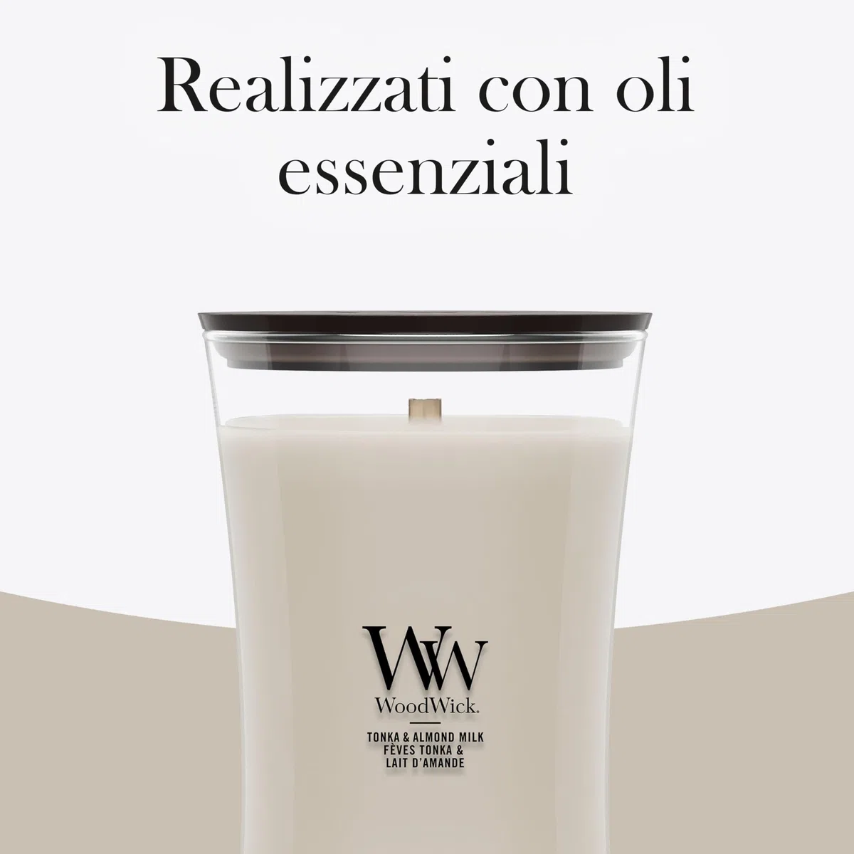WoodWick Candela profumata | Candela grande a clessidra | Tonka & Almond Milk | Regali perfetti per donne