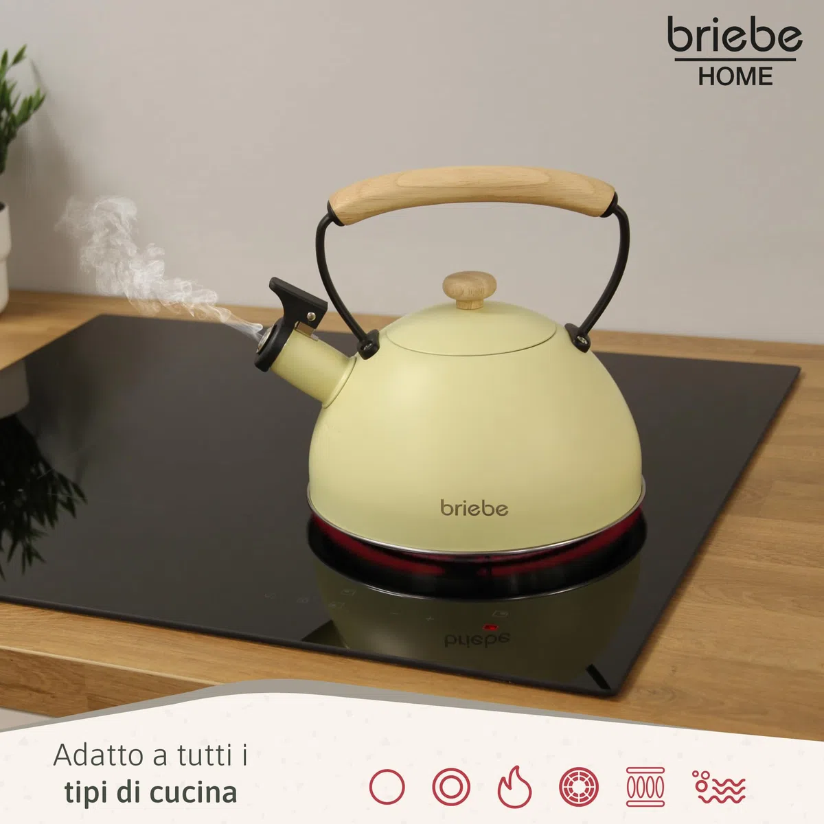 briebe Retro Bollitore Induzione a Fischio 2,3 L, Acciaio Inossidabile, Tutti Fornelli: Vetroceramica, Gas, Elettrico, Manico in Legno Cool Touch, per Tè, Caffè, Vintage, Tea Pot, Giallo
