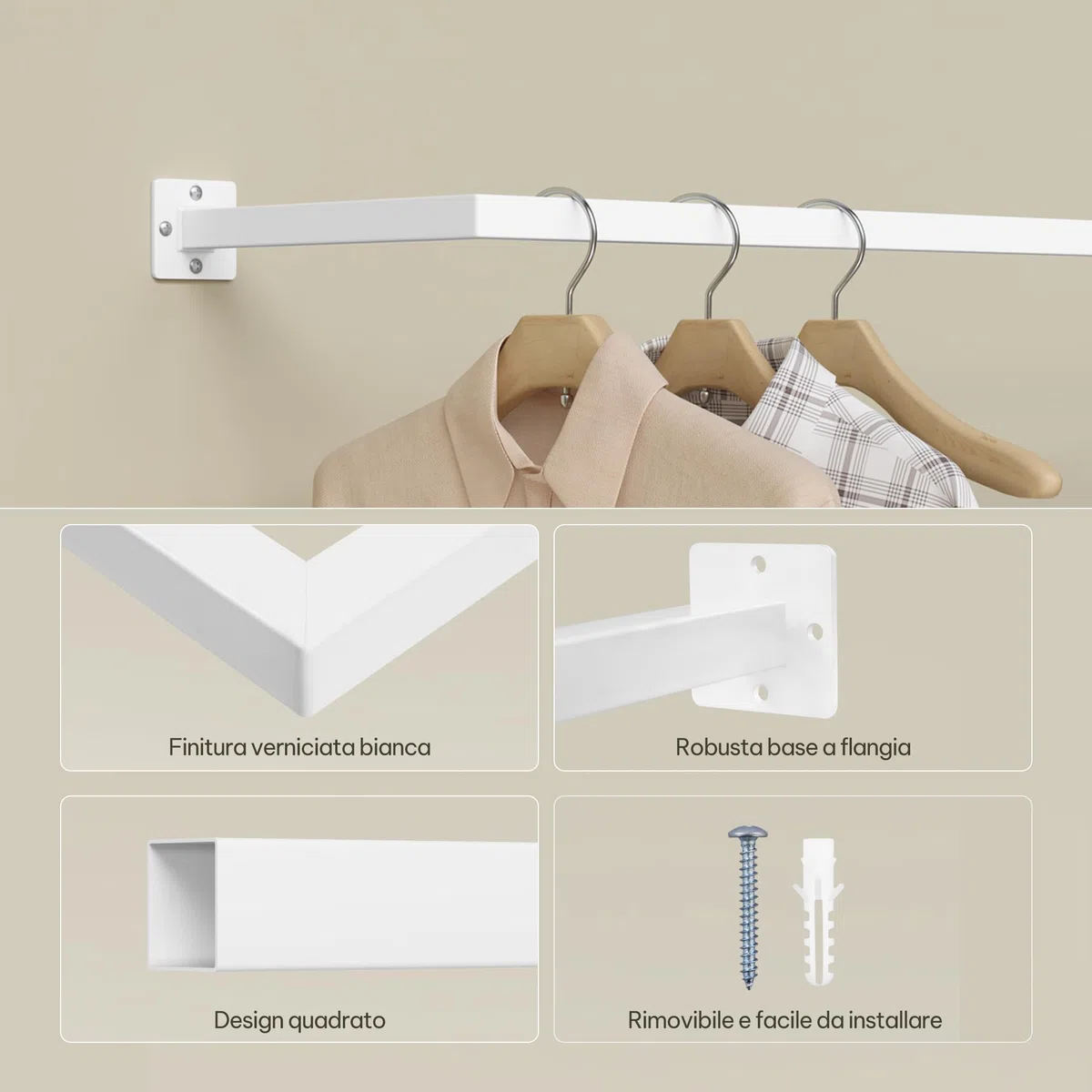 eSituro Appendiabiti a Parete con Tubo Quadrato Industriale 94 cm, Attaccapanni Resistente per Lavanderia, Soggiorno e Guardaroba, Bianco