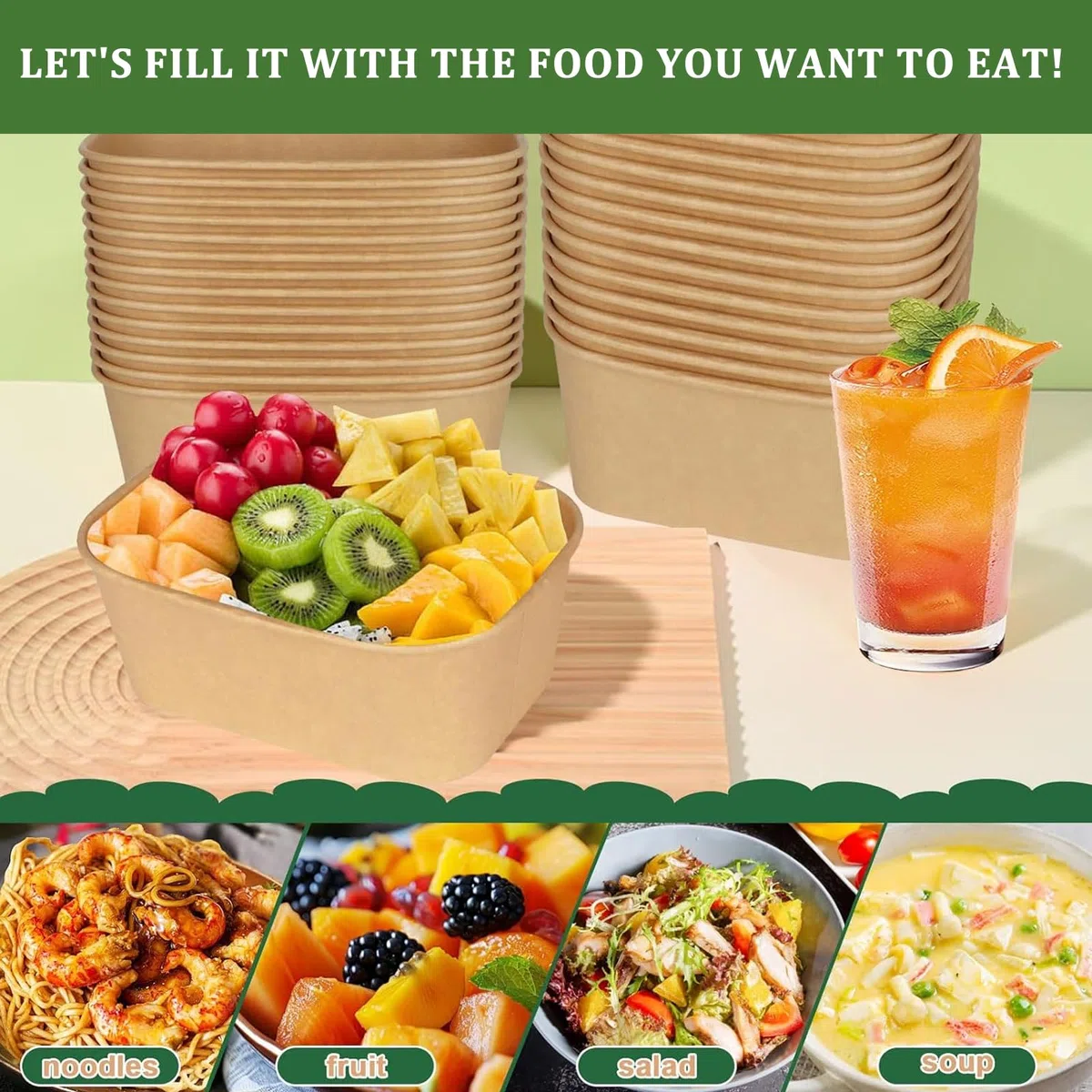 Ciotola in carta kraft usa e getta, 500 ml, stabile con coperchio in PET, scatola di carta kraft Take Away, ciotole di carta kraft resistente all'acqua e all'olio, per cibo da asporto, viaggi