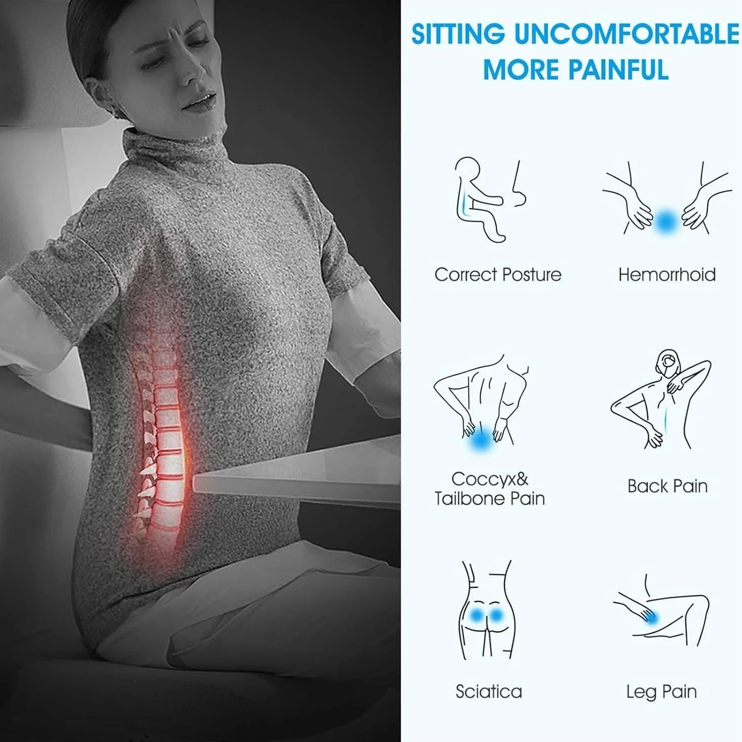 Feagar Cuscino per Sedile - Cuscini Ergonomico Sedile per Coccige Sciatica Lombare - Cuscino Memory Foam per Ufficio Casa Auto Sedia a Rotelle, Nero