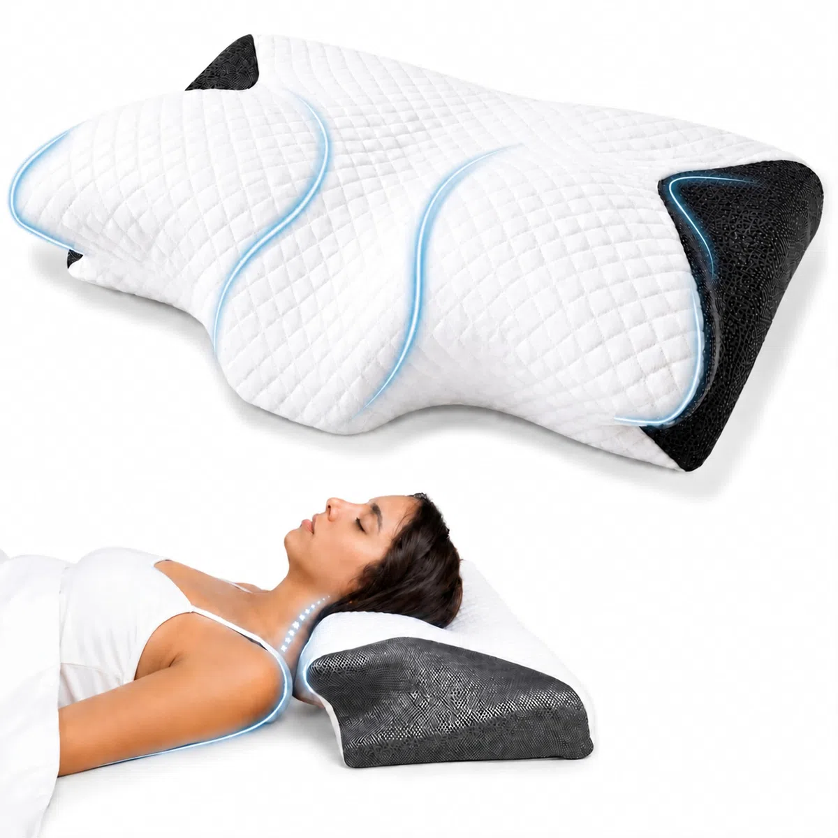 CAER Cuscino Cervicale per Dormire su Fianco e Schiena – Memory Foam Ortopedico, Misure 60x36 cm con Doppia Altezza, Supporto per Collo e Spalle, Federa Lavabile
