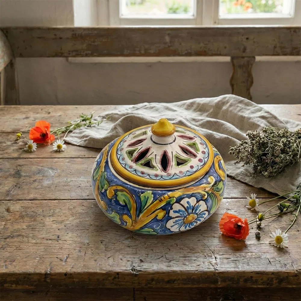 Generico Porta caramelle piccolo in ceramica siciliana blu giallo verde rosso di santo stefano di camastra decorata a mano barocco Art 2