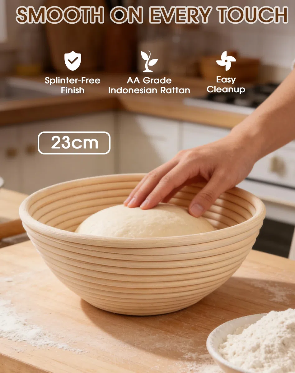 Cestino Lievitazione Pane Rotondo 23cm – 10 Pezzi Kit Completo di Panettiere con Banneton in Rattan Naturale, Sourdough Starter Kit, Lame con 5 Lame, Tappetino in Silicone, Raschietto e 16 Stencil