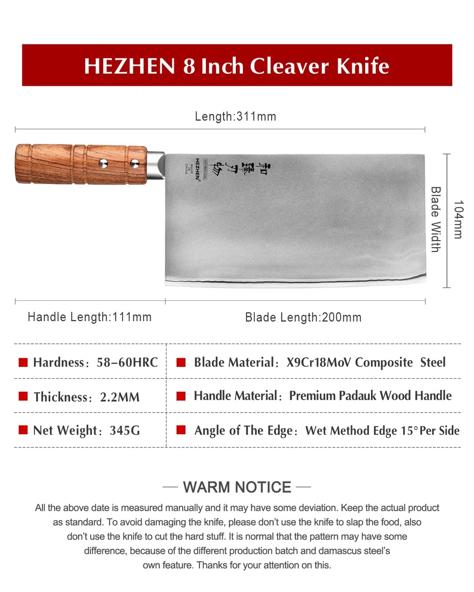 HEZHEN 20CM Mannaie,Coltello Mannaia Coltello da Cucina,Acciaio Rivestito in Acciaio Composito,Coltello da Cuoco Cinese,Manico in legno Padauk