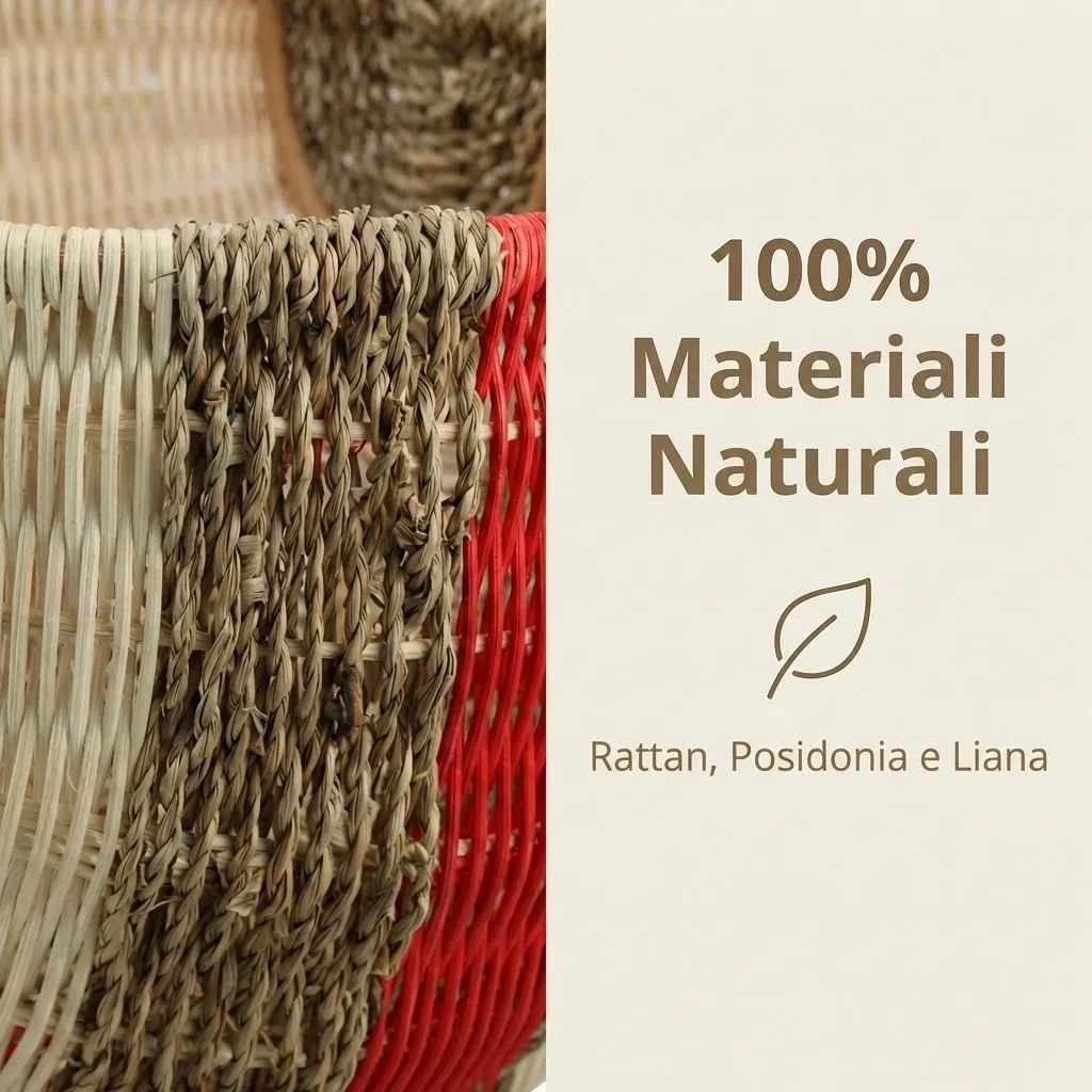 Grande Cesto per la Spesa in Rattan e Alghe – Cesto da Picnic Intrecciato a Mano con Manico – 48x33x24 cm – Robusto Cesto da Mercato e Auto – Design Vintage – Rosso