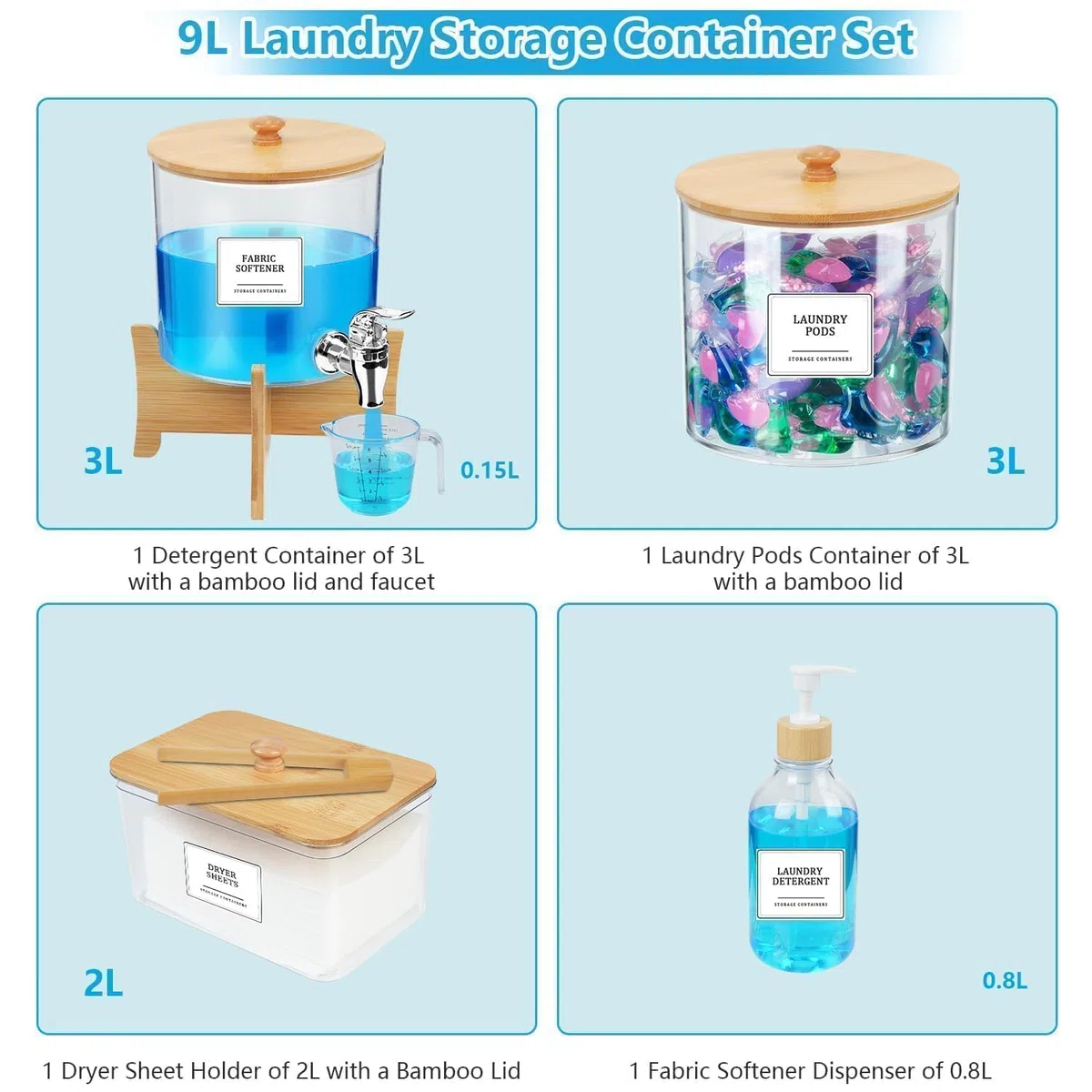 4 Pezzi Contenitore Detersivo Polvere - 3L Porta Detersivo Con Rubinetto E Supporto, 3L Dispenser Detersivo Lavatrice, Contenitore Quadrato 2L Con Clip,0.8l Contenitori per Detersivi Lavanderia