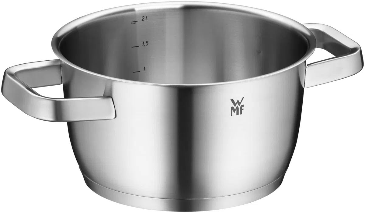 WMF Iconic - Pentola piccola da 18 cm, coperchio in acciaio inox di alta qualità, a induzione da 2,3 l, con manici che riducono il calore, in acciaio inox Cromargan lucido, non rivestito