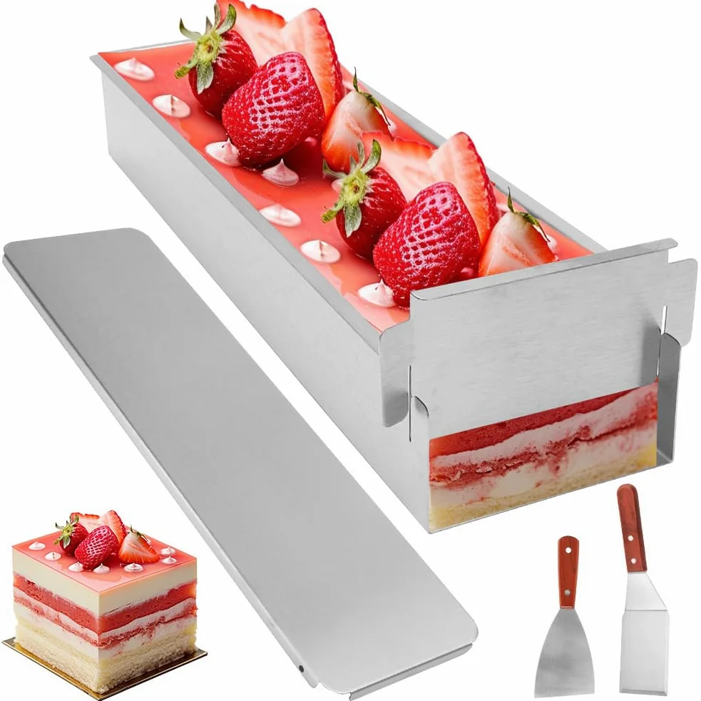 Yuragim Stampo per tiramisù con coperchio, regolabile, rettangolare, con coperchio in acciaio inox, per dolci e decorazioni natalizie, per la preparazione di torte, pane, toast tiramisù
