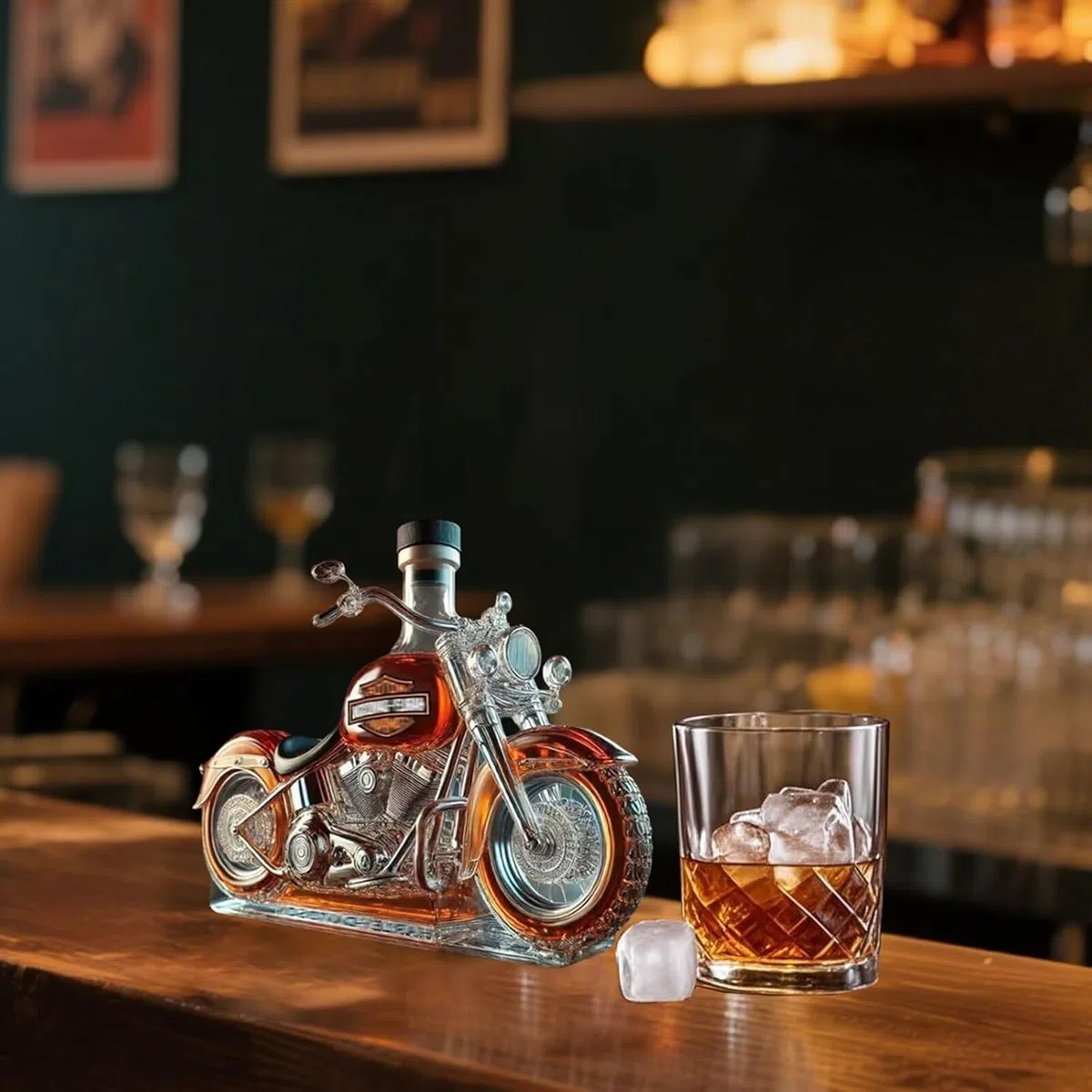 Decanter 3D Whiskey, vetro soffiato a mano, bottiglia di liquori, decorazione bar (moto)