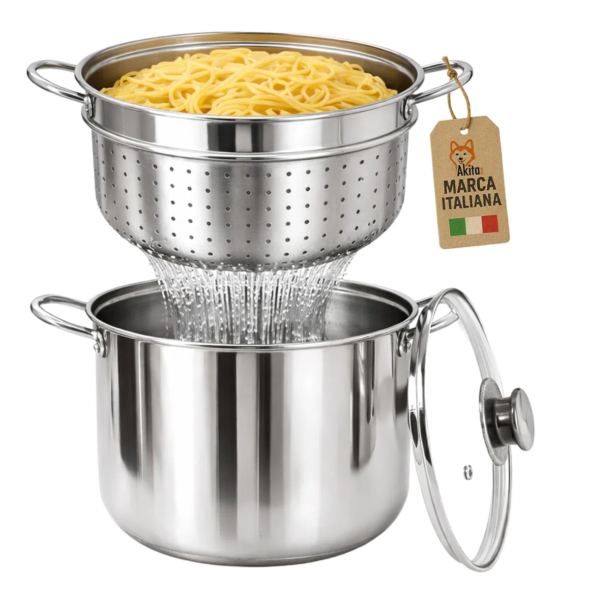 AKITAInk Bollipasta 22 cm in Acciaio Inox con Cestello e Coperchio in Vetro Temperato, Pentola per Pasta con Fondo Termodiffusore e Scolapasta Integrato