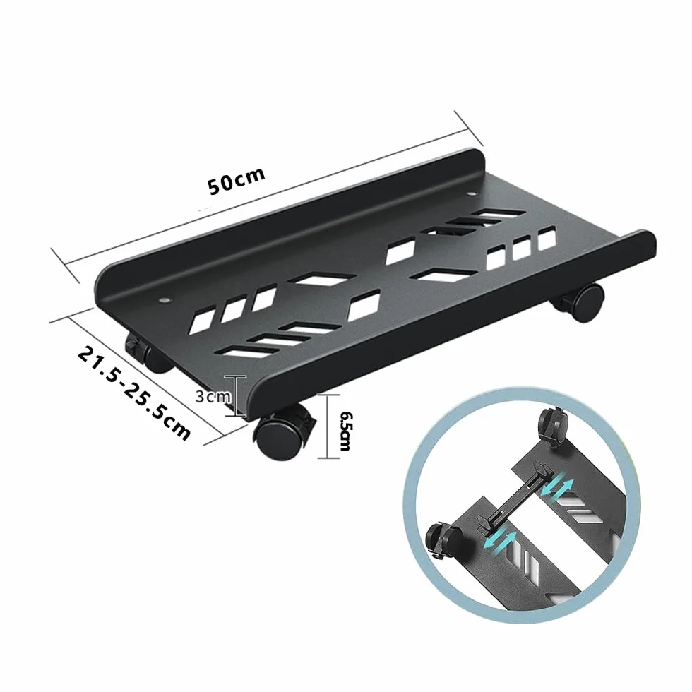 Supporto per PC Case Stand, Supporto per PC Case con 4 Rotelle, Regolabile Computer CPU Holder con Autoadesivo Clip Cavo, Adatto alla Maggior Parte dei Computer, Nero