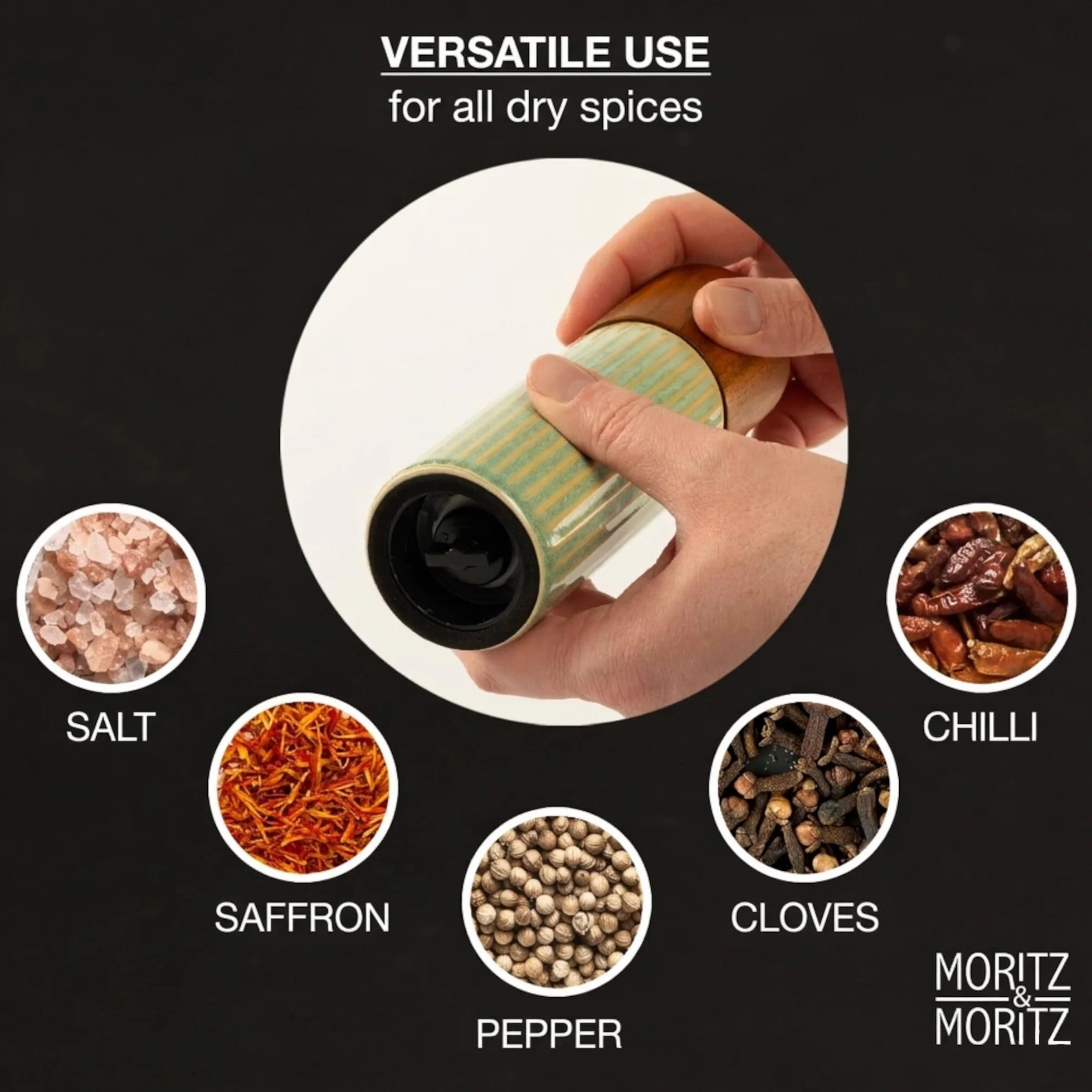 Moritz & Moritz PEPE Set 2 Macinaspezie Blu/Verde – Macinapepe e Macinasale in Ceramica, Legno di Acacia e Gres, Regolazione Macinatura, Ricaricabili per Sale, Pepe e Spezie