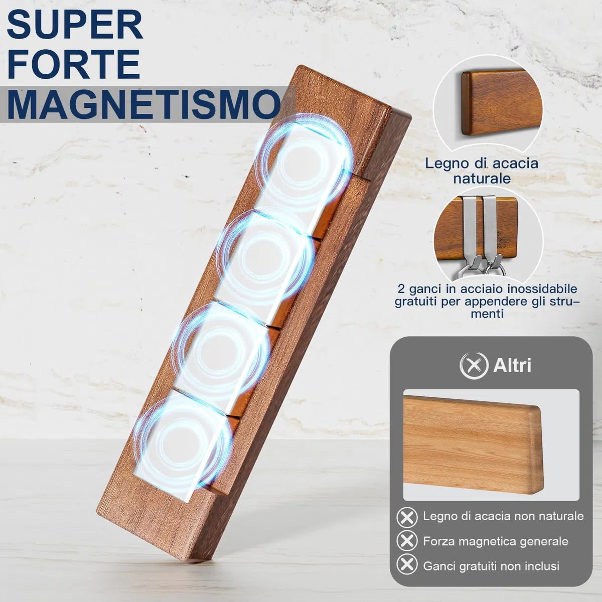 ENOKING Portacoltelli Magnetico 26 cm, Barra Magnetica per Coltelli Senza Forare, Porta Coltello Forte in Legno D'acacia con 2 Ganci