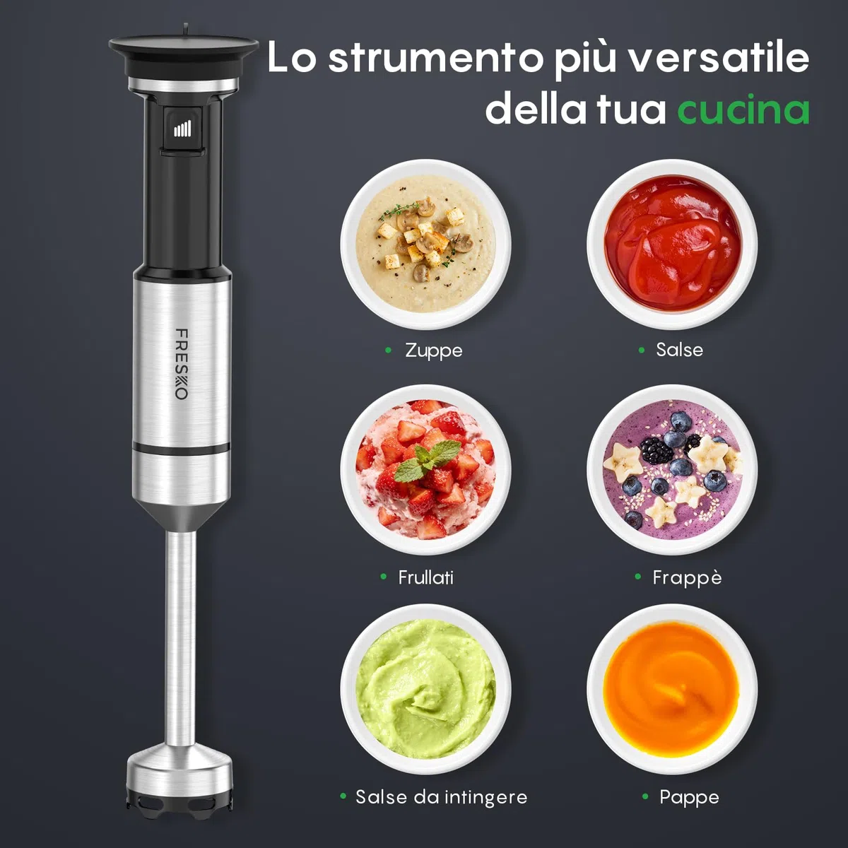 FRESKO Frullatore a Immersione 1000W, Frullatore in Acciaio Inox con Protezione per Pentole, Velocità Regolabili, Frullatore Manuale per Alimenti per Bambini, Zuppe, Frullati, Purè, Salse, Nero