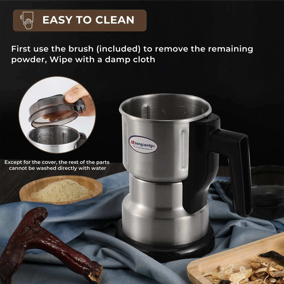 Moongiantgo Mulino Multifunzione per Cereali, Caffè e Spezie (250W 22000RPM, Capacità 200ml, Acciaio Inossidabile, Macinatura Ultra-fine per Cereali, Chicchi, Caffè - con Pennello e Cucchiaio)