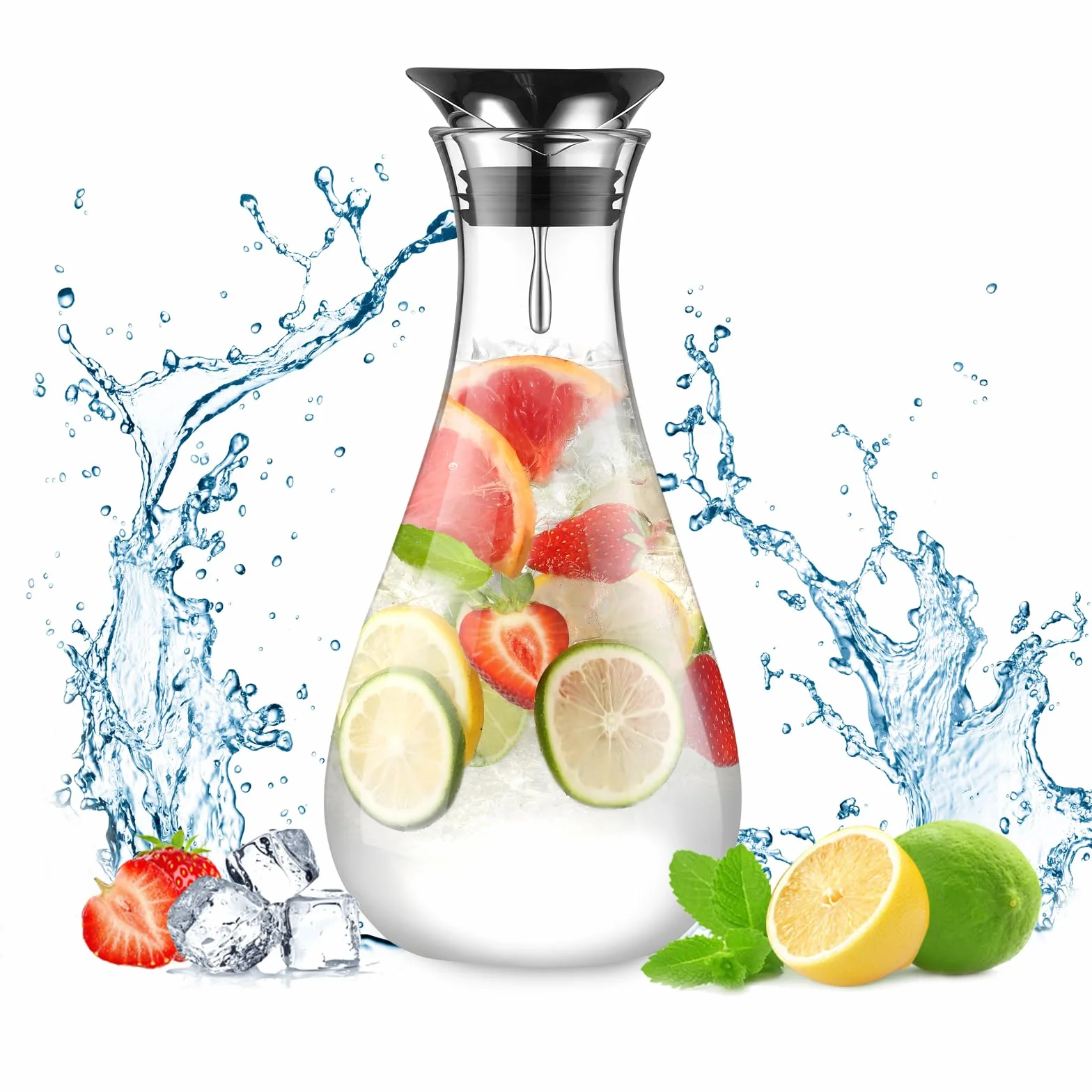 ecooe Caraffa in vetro da 1,8 l, caraffa in vetro con coperchio in acciaio inox, brocca per acqua, succhi di frutta, bevande, brocca in vetro per acqua calda e fredda, bevande fatte in casa, tè freddo