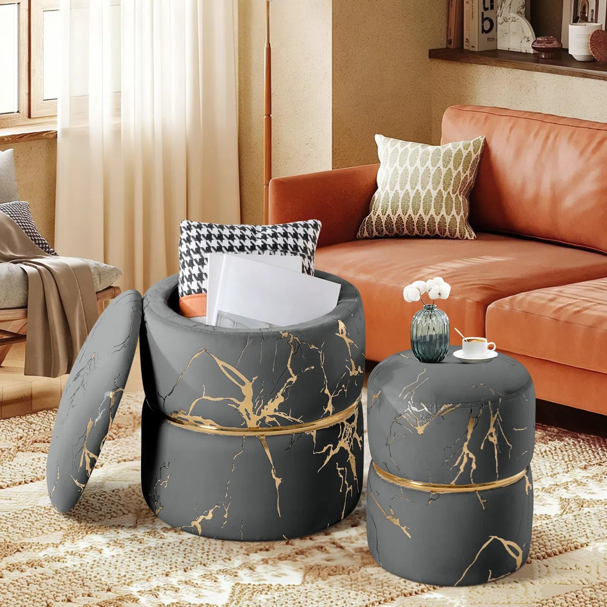 Set 2 Sgabelli Contenitori Rotondi con Seduta Imbottita, Poggiapiedi, Sgabello per Toeletta Trucco, Grigio Velluto
