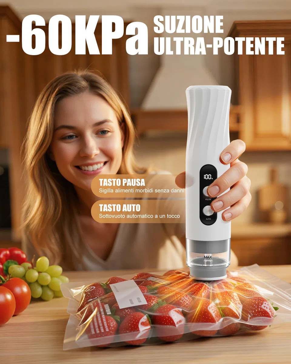 Babacom Macchina Sottovuoto Alimenti Portatile con Serbatoio Visibile, 60kPa Potente Vacuum Sealer, Sigillatura Auto e Modalità Impulso per Alimenti Delicati Sigilla Barattoli,20 Sacchi Riutilizzabili