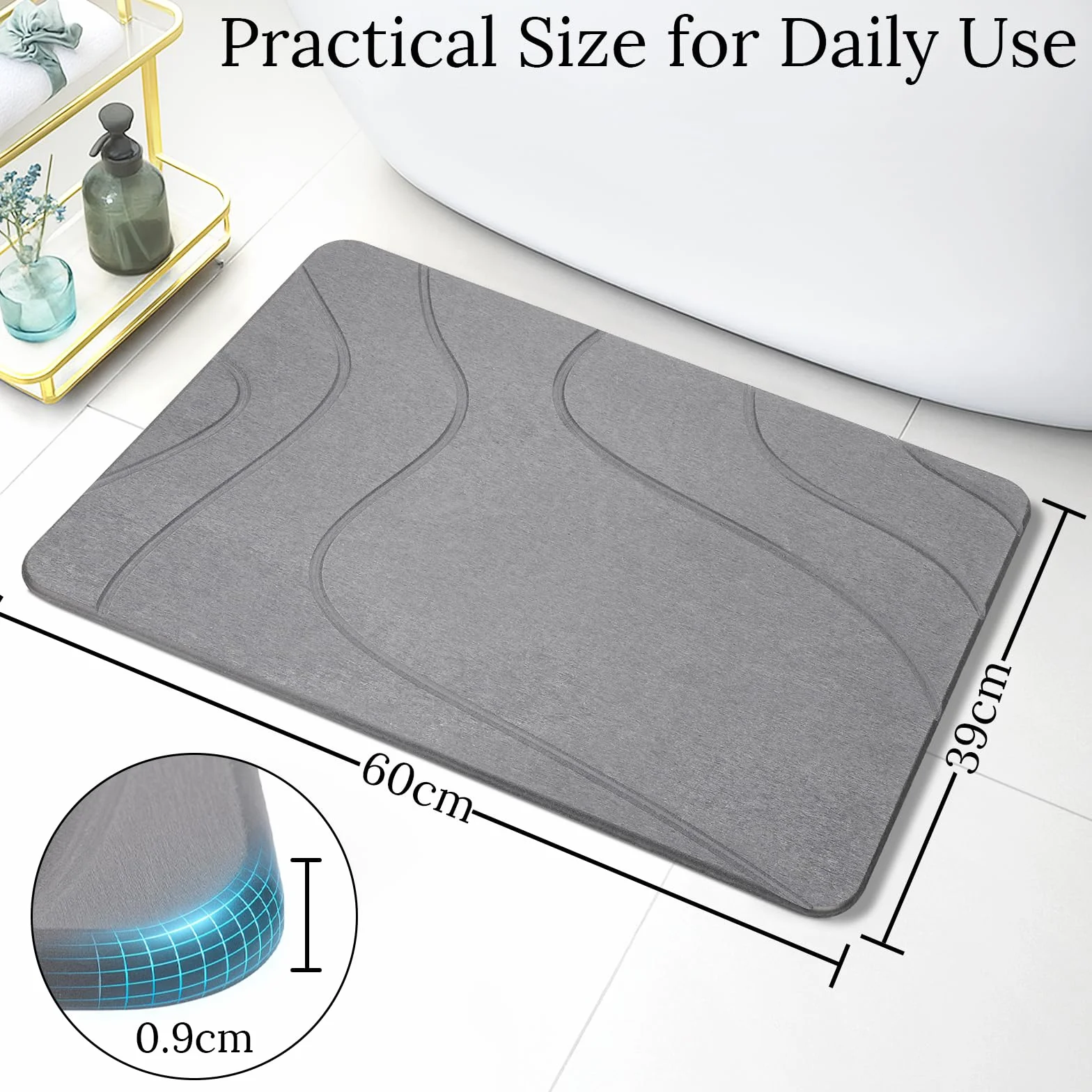 Euqvunn Tappeto da Bagno in Diatomite Antiscivolo 60 x 39 cm – Tappetino in Pietra Assorbente, Antimuffa, Asciugatura Rapida per Bagno, Cucina e Vasca – Grigio