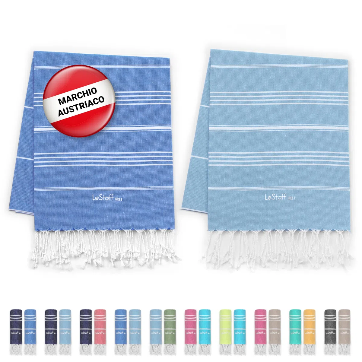 LeStoff Telo mare (Set di 2) - 100% Cotone bio, 95 x 180 cm, Prelavato, Assorbente, Asciugatura Rapida, Leggero, Fouta, Telo Spiaggia, Telo Bagno, Asciugamano Sportivo (Azzurro - Celeste)
