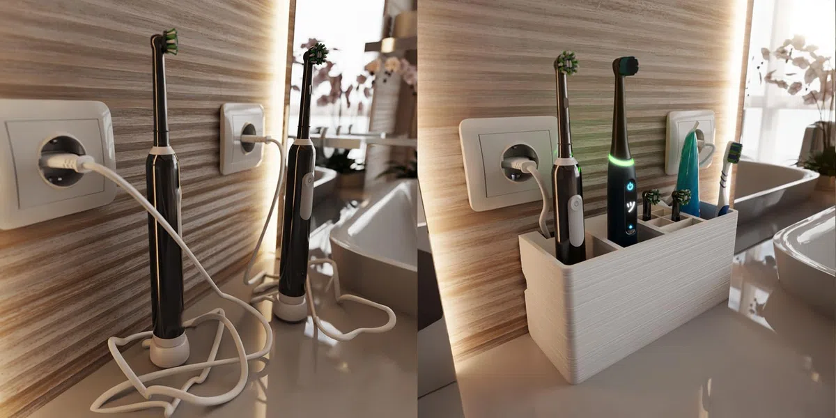 Portaspazzolino con gestione dei cavi per spazzolini elettrici, nasconde i cavi, 24,3 x 9,3 x 11,5 cm, con integrazione dei cavi, 4 scomparti, montaggio a parete o autoportante (bianco, 4 scomparti)