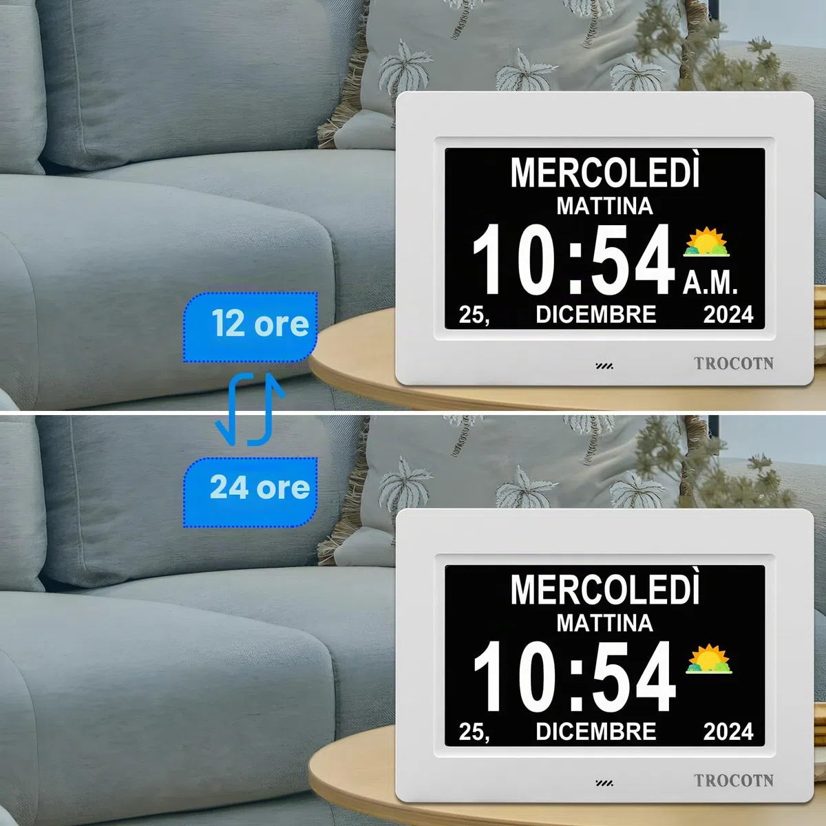 TROCOTN Grande orologio digitale per anziani, con calendario, grande display con allarmi personalizzati, orologio da parete con giorno e data, sveglia, orologio da scrivania (7 Pollici, bianco)