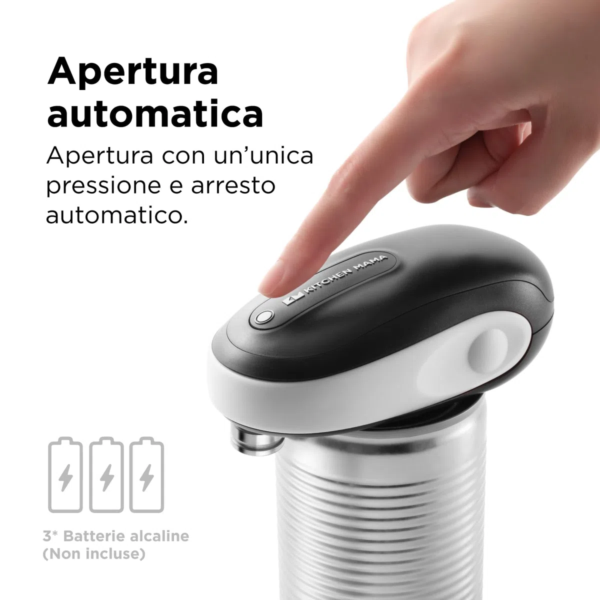 Apriscatole elettrico Kitchen Mama One-To-Go: Apre con un Tasto, Riconosce Automaticamente Tutte le Lattine, con Auto-Stop, No Bordi Taglienti, Dispositivo Rimozione Coperchio, a Batteria (Bianco)