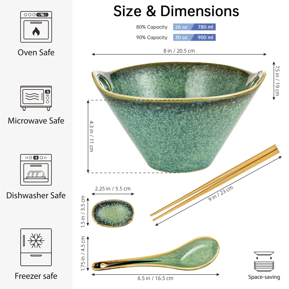HENXFEN LEAD Ramen - Set di 2 ciotole in ceramica, 780 ml, con bacchetta, cucchiaio e poggia cucchiaio, verde lucido