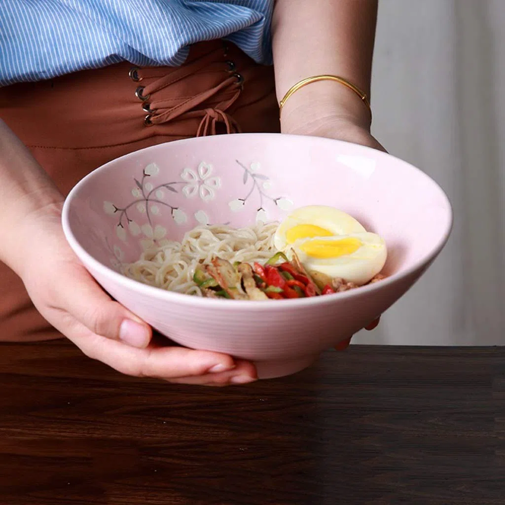 Ciotole per zuppa e riso, ciotola per pasta, ciotola giapponese per ramen, insalatiera creativa, ciotola per gelato, dessert, ciotola dipinta a mano, 20 x 20 x 8,5 cm, rosa