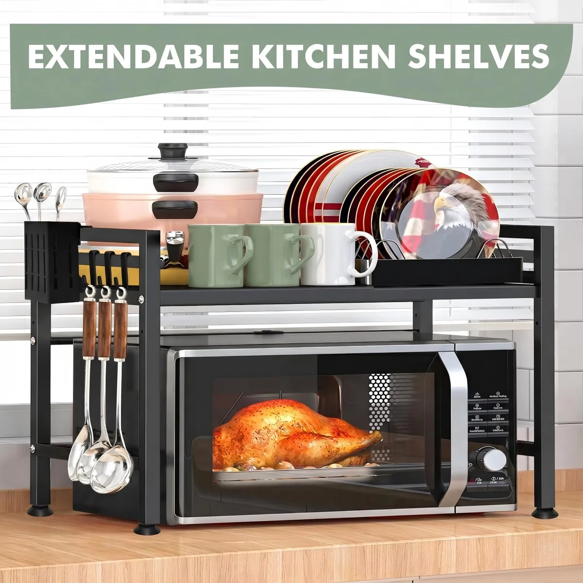 Mensola Microonde, Scaffale da Cucina Estensibile, Supporto Microonde Salvaspazio, Ripiano per Microonde con 6 Ganci 1 Porta Utensili da Cucina, Mobiletto Cucina Microonde Nero
