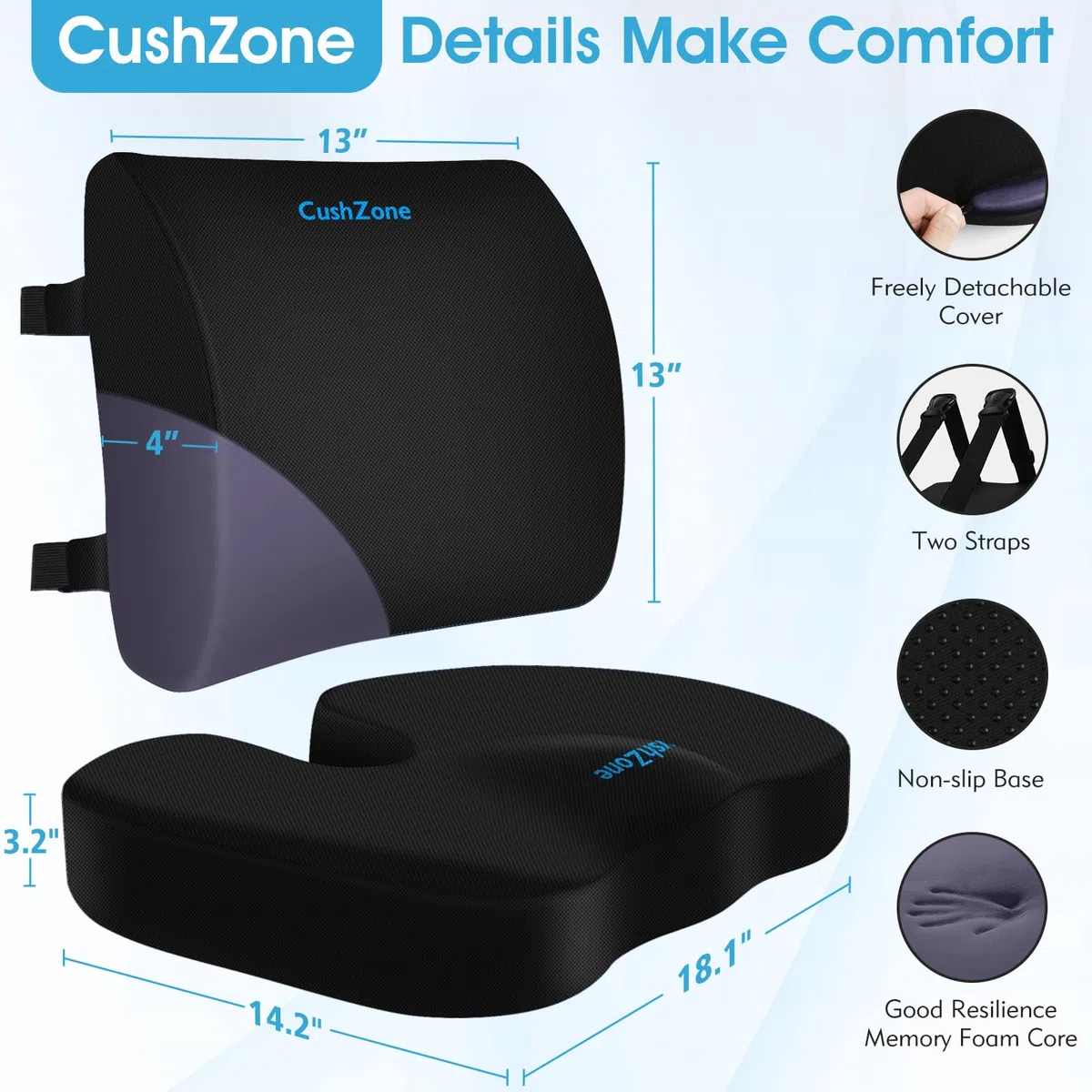 CushZone Cuscino da seduta, cuscino lombare con cinturino regolabile, per alleviare il dolore sciatica, con rivestimento lavabile in memory foam per auto, viaggio e sedia a rotelle, nero