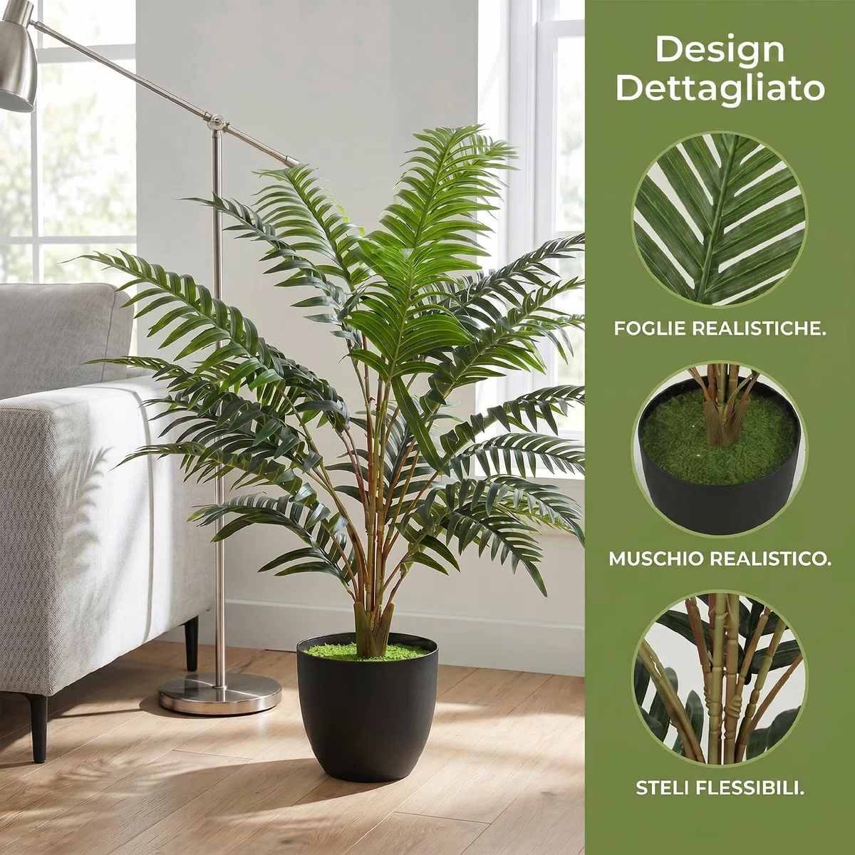 HOMCOM Pianta Artificiale di Felce con 20 Foglie in PEVA, Pianta Finta con Rami Piegabili, Vaso Nero in PP Riempito in Cemento, Decorazione per Soggiorno, Ingresso, Patio, 120x90x90 cm, Verde