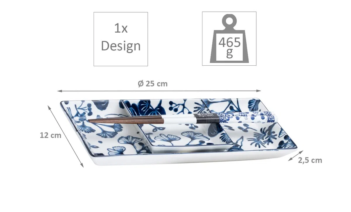 Tokyo design studio Flora Japonica - Set per sushi, 6 pezzi, 2 piatti per sushi, 2 ciotole per salsa, 2 paia di bacchette, porcellana asiatica, design giapponese, con confezione regalo