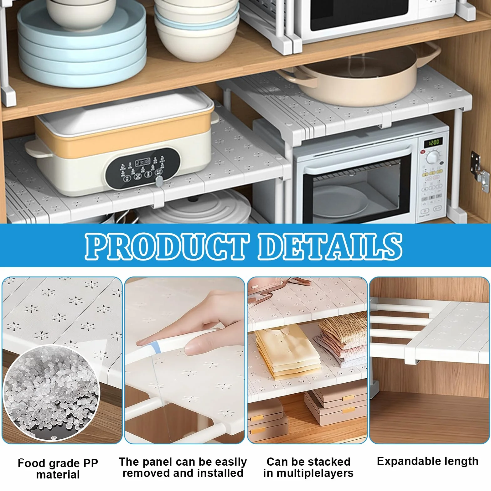 Organizzatore per armadio impilabile, sistema di scaffali regolabili senza foratura, struttura in metallo bianco, per armadio, cucina, risparmio di spazio per bagno (lunghezza 37-48 cm)