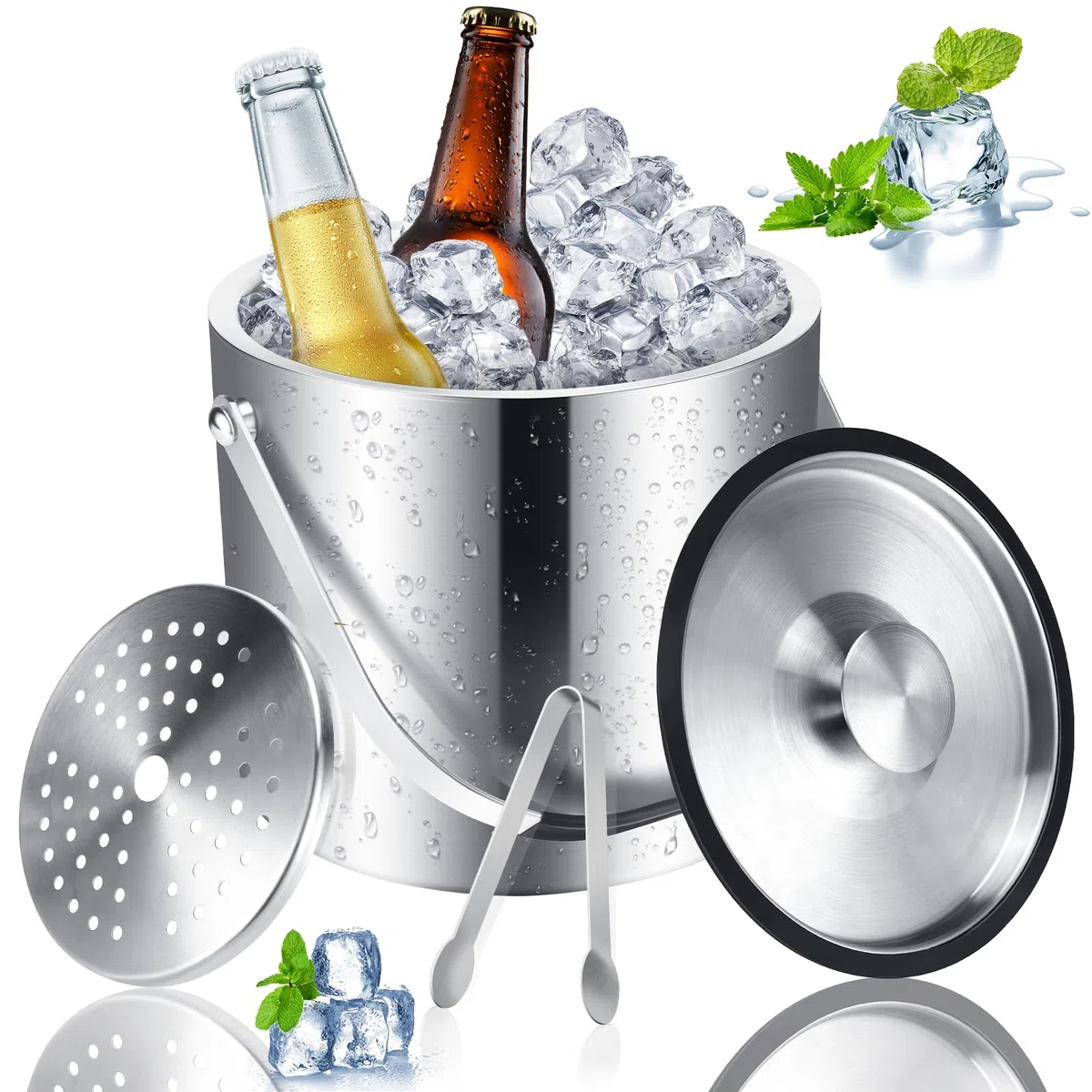 Tapvai Secchiello Ghiaccio 4L Acciaio Inox A Doppia Parete Isolante, con Coperchio in Silicone, Pinze E Filtro, Porta Ghiaccio per Secchi per Ghiaccio A Temperatura Costante in Feste, Cocktail E Bar