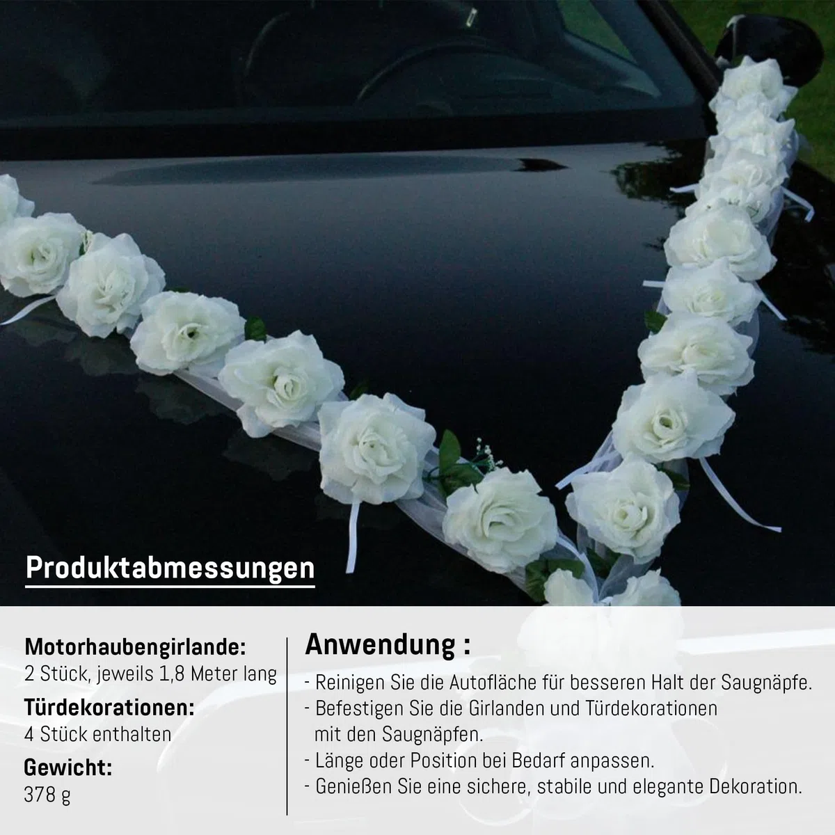 Autoschmuck - Due ghirlande di rose artificiali, decorazione per auto per matrimonio (bianco)