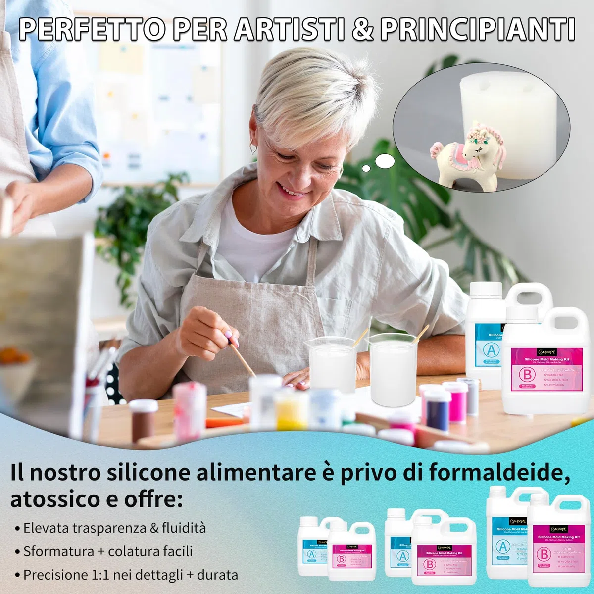 SIHOOPE Silicone per stampi - alimentare 20A - Silicone liquido trasparente (1:1), perfetto per stampi in resina DIY, cera, gesso e modellazione (1L)