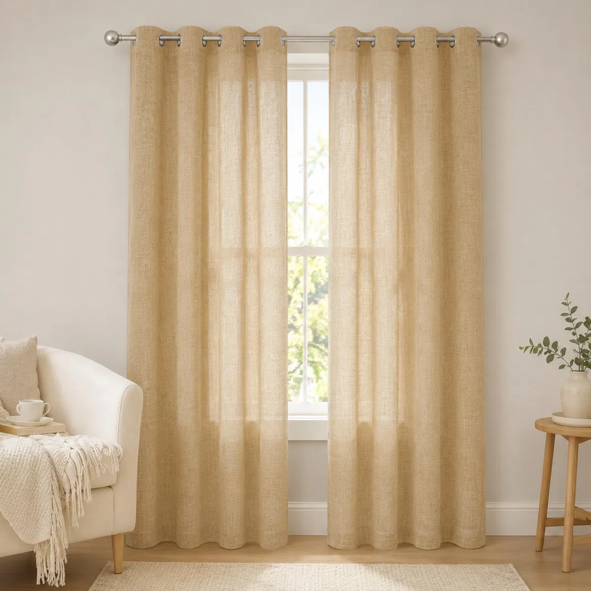 VKZ Tende Semitrasparenti Effetto Lino con Occhielli, Set da 2 Pannelli, Tende per Interni Soggiorno Camera da Letto Cucina, 140 x 290 cm,Beige