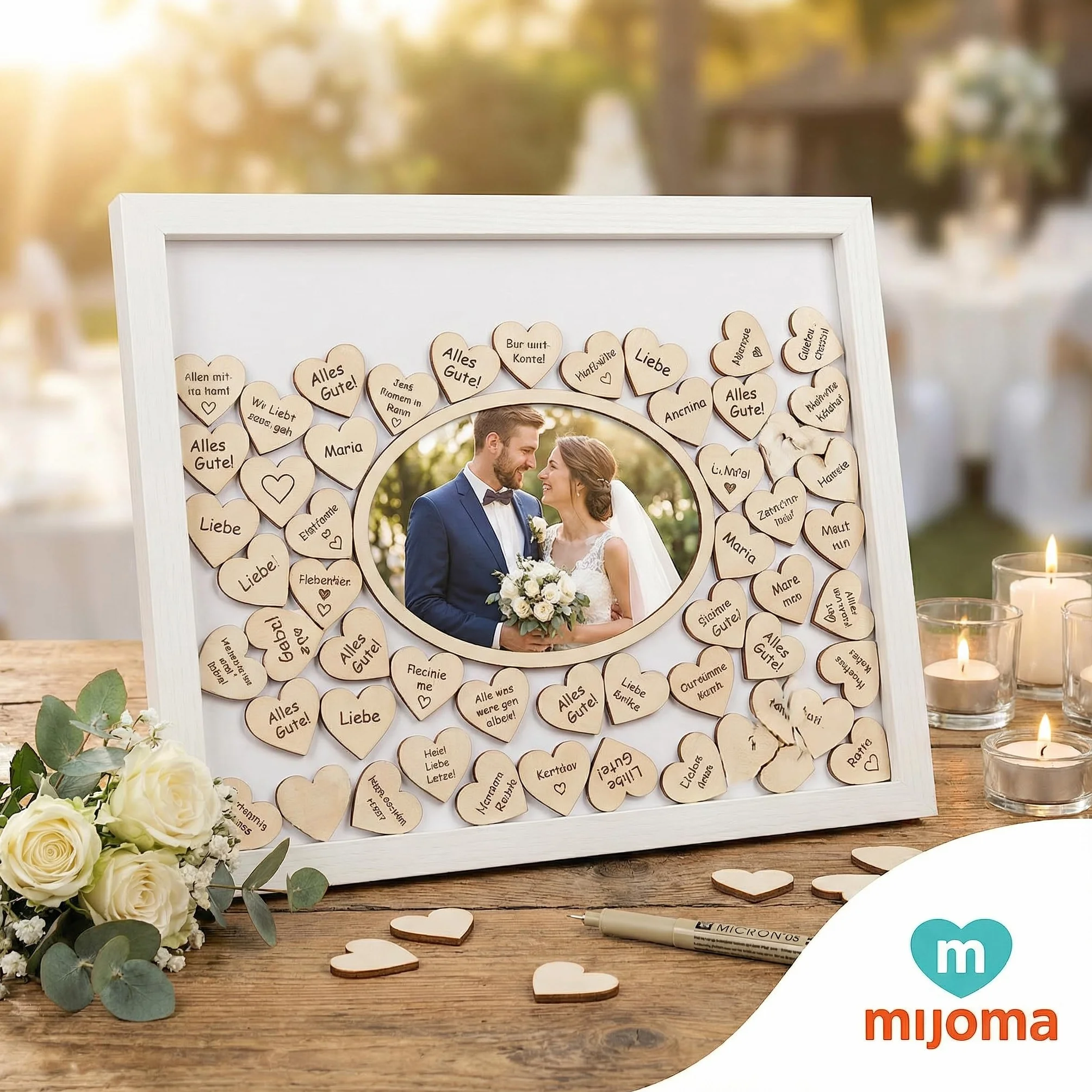 MIJOMA Libro degli ospiti - Cornice portafoto con 72 cuori in legno per matrimoni e feste, opere d'arte personalizzabili, bianco/naturale