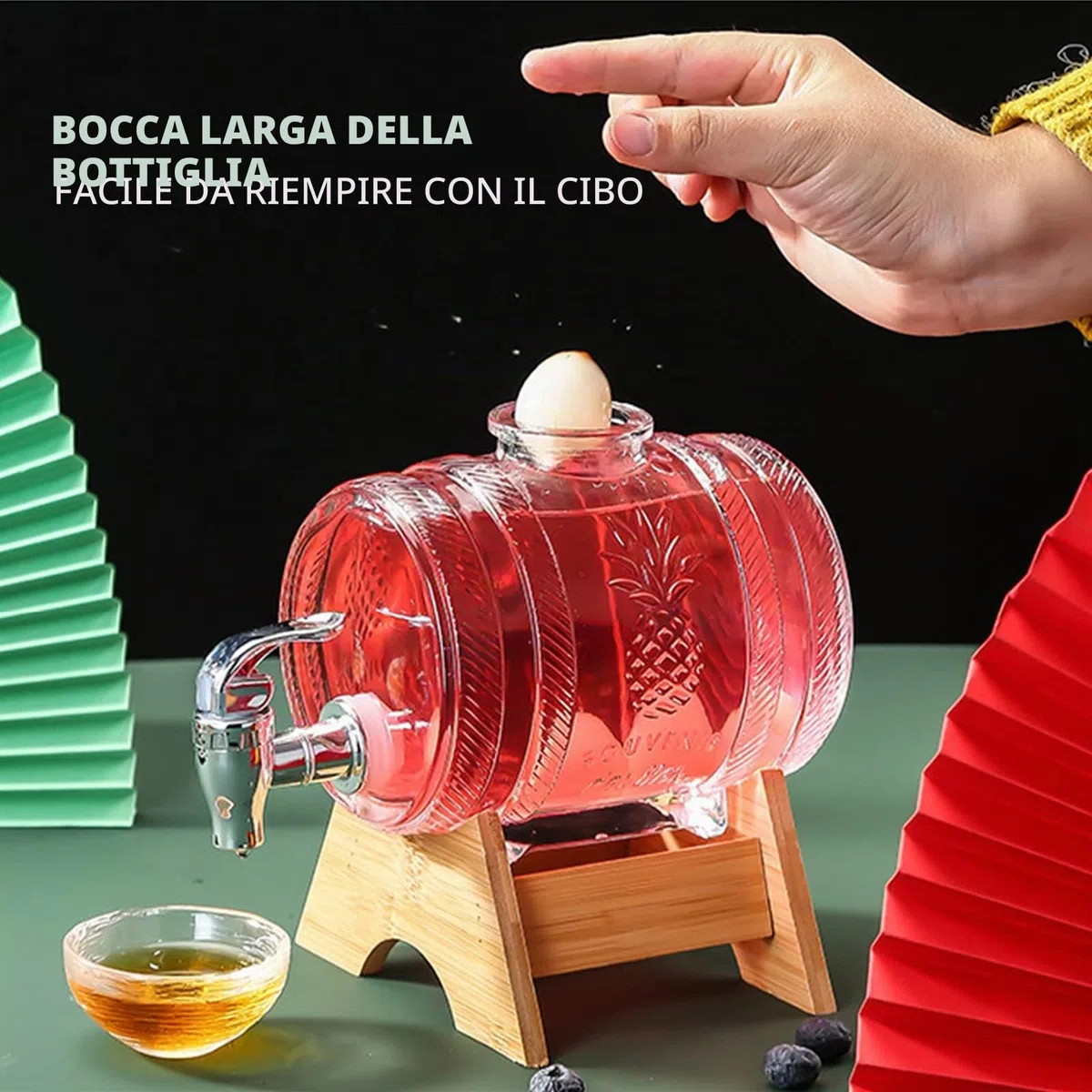 Dispenser per bevande a forma di barile da 1 L, caraffa per whisky per alcolici con rubinetto, dispenser trasparente con base in legno per vino, botte per whisky, limonata (JS-1)