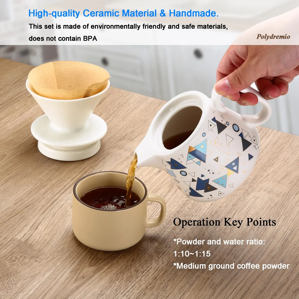 Macchina da caffè versare, gocciolatore in ceramica con 100 filtri di carta misura 02, server da caffè in ceramica con coperchio, 450 ml, adatto per 1-2 persone (bianco A)
