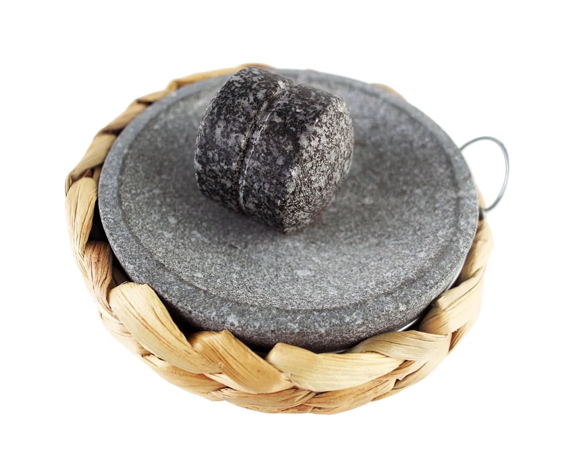 Set con mortaio e pestello in granito di piccole dimensioni, 15 cm/6 pollici, con piastra in pietra per spezie e sale, ideale per campeggio e uso primitivo