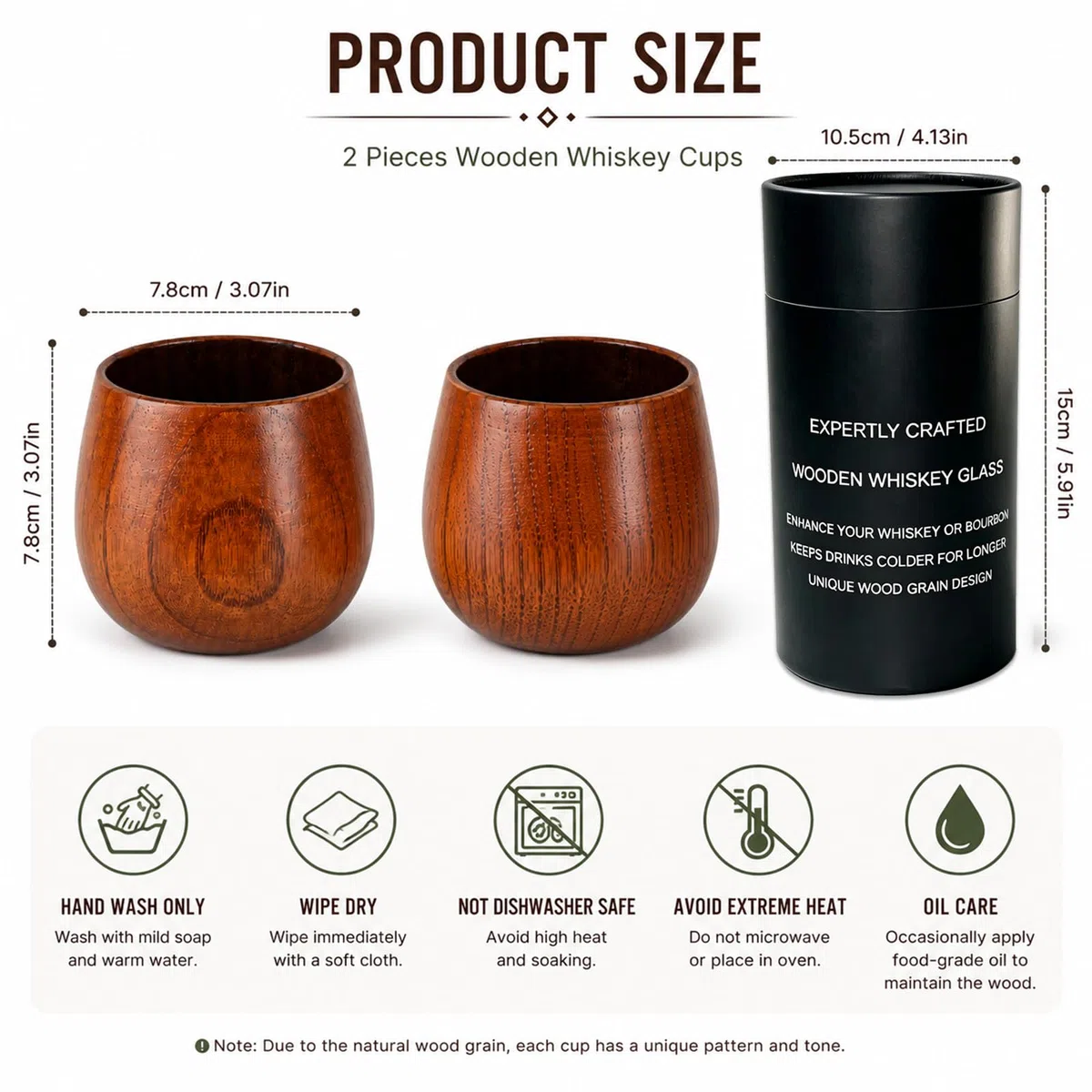Bicchieri per Whisky in Legno, Confezione da 2 Bicchieri Old Fashioned con Interno Carbonizzato per Ammorbidire il Gusto, Calici per Bourbon e Rum, Design Ampio per Esaltare l’Aroma