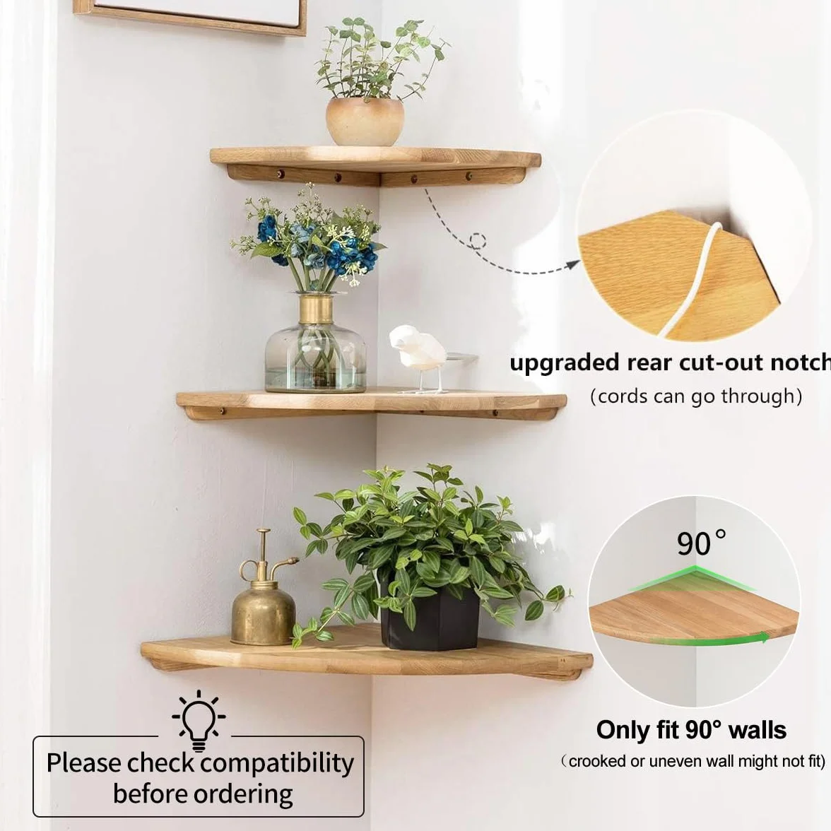GIEANOO Mensola angolare galleggiante in rovere rustico, con estremità arrotondata, per altoparlanti, libri, decorazioni, mensola angolare in legno, rovere, 30 cm raggio