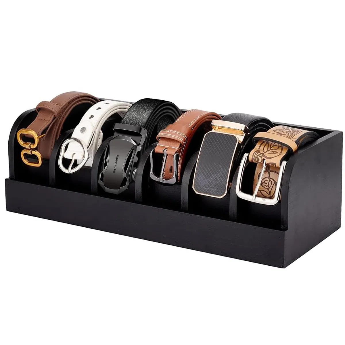 Organizer Cassetti per Cinture, 6 Scomparti Espositore per Cintura Portacinture-Porta Cintura in Bambù per Armadio e Cassetto, Organizer per Cinture da Uomo e da Donna