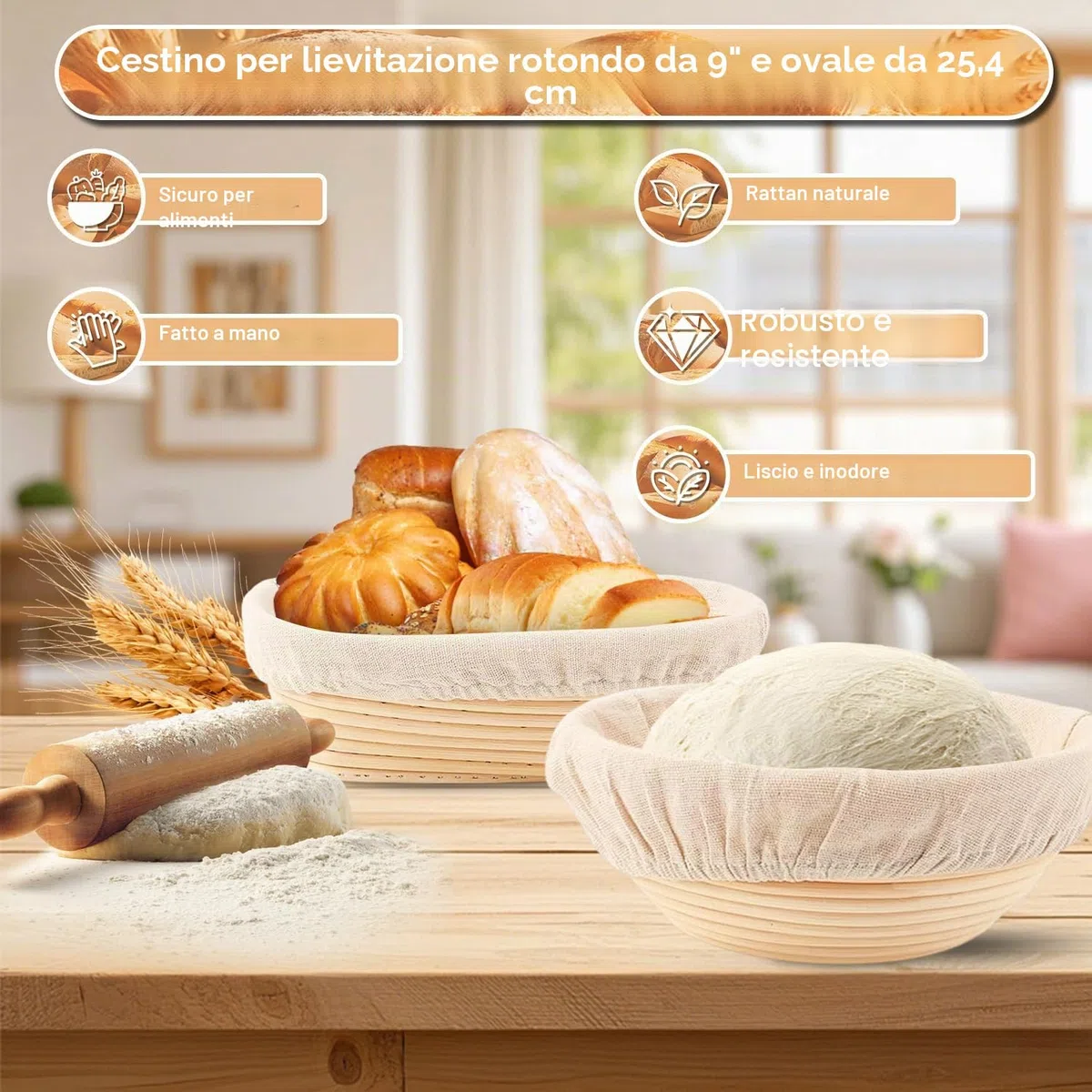 12 Pezzi Cestino Lievitazione Pane, Lievitazione Pane Rattan 25,4cm &23,5cm, Cesto in Rattan Naturale con Tela di Lino, Accessori per La Cottura Del Pane, Grande Regalo per Principianti