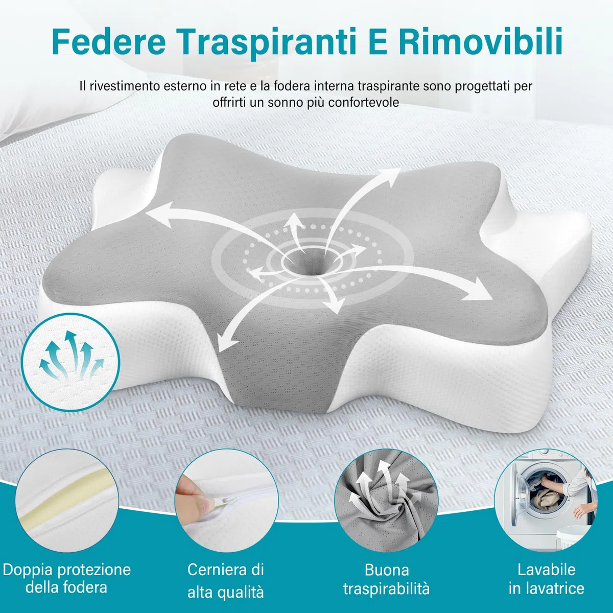 Cuscino Cervicale per Dormire, Cuscino per Cervicale, Cuscino Ergonomico in Memory Foam Adatto per Dormire su Un Fianco, Sulla Schiena o Sulla Pancia, Federa Lavabile 66x37x9/12cm (Argento)