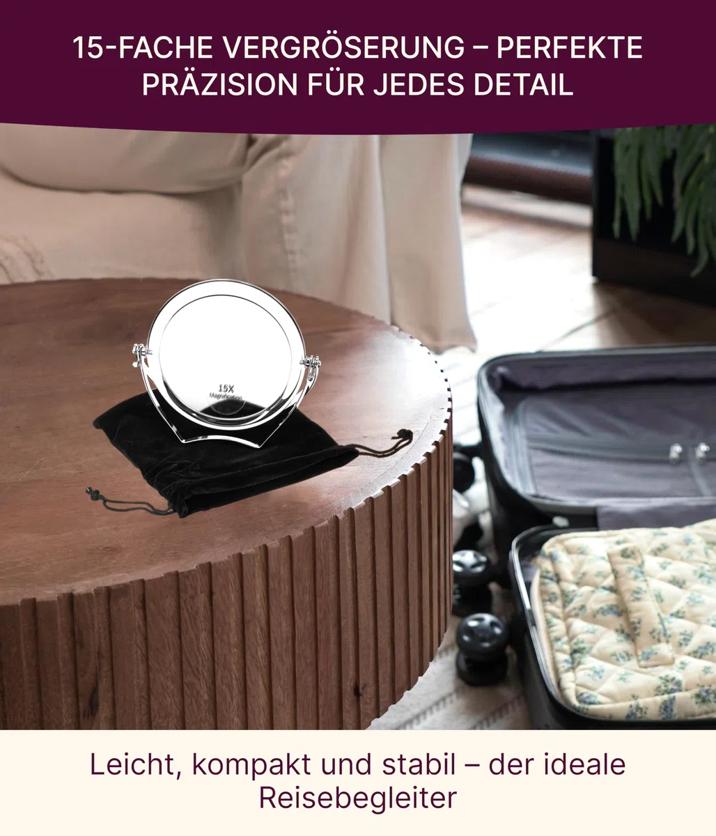 Fantasia - Specchio da viaggio in acrilico con staffa in metallo, pieghevole, con ingrandimento 15x, specchio a mano in argento, con supporto Ø 10 cm, altezza 12 cm, con custodia regalo